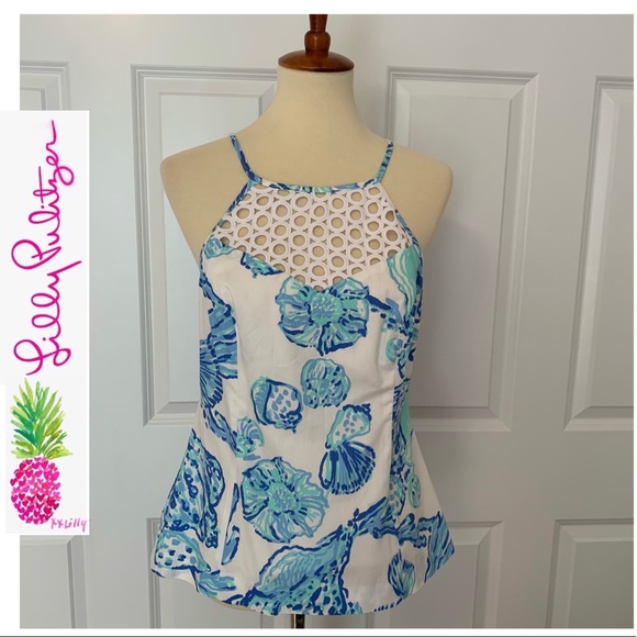 🌴Lilly Pulitzer Blue/White Shell Print Halter Top - Picture 1 of 4